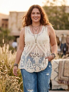 Forgotten Grace Women's Size 3X Cream Crochet Lace Boho Festival Sleeveless Top